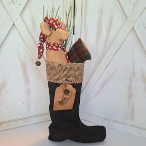 Primitive Stocking Stuffed Plush of Santas Boot w/Mouse "Ole Prairie Christmas"